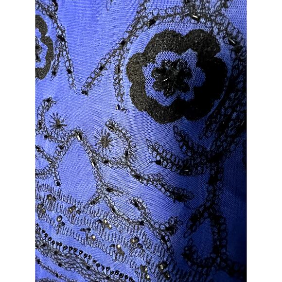 Sacada Blue Black Beaded Short Formal Dress with Sheer Sleeves and Embroidery - Picture 5 of 9